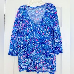 Lily Pulitzer V-Neck Etta, 3/4 length sleeve, Royal purple party wave.